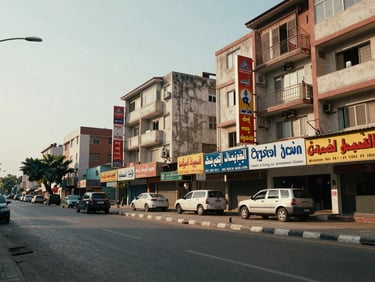 Daylight street-level exterior of Faisal Town commercial and residential blocks, wide environmental shot showing signage and street presence, afternoon light, documentary style