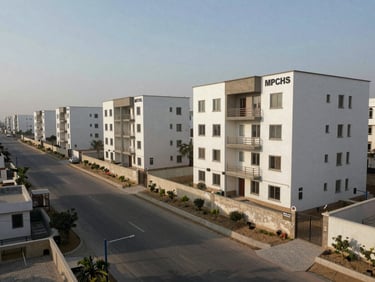 Daylight exterior shot of MPCHS housing development in Islamabad, wide-angle view showing completed residential blocks and approach road, natural morning light, documentary framing