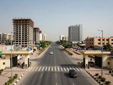 Wide panoramic daylight exterior of DHA Islamabad-Rawalpindi sector entrance gate and main boulevard, construction-phase and completed sectors both visible in background, documentary framing, natural light