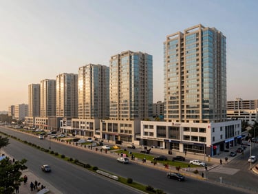 Wide exterior daylight photograph of Bahria Town Islamabad main boulevard, completed commercial strip visible, scale of development evident in frame, golden hour morning light, no renderings