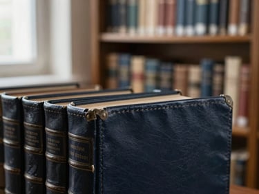Détail d'une bibliothèque de droit ancienne avec des reliures en cuir sombre, flou artistique en arrière-plan, lumière tamisée.