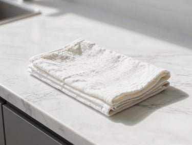 Straight-on macro shot of immaculate white marble kitchen countertop, natural daylight streaming in, a single neatly folded linen cloth, sharp focus, 35mm