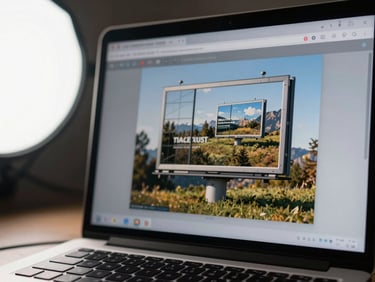 Close-up of a laptop screen displaying a retargeting ad creative in a browser environment, the ad clearly matching a billboard campaign visual, studio lighting from the left, keyboard edge visible at the bottom of the frame
