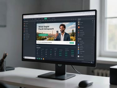 Wide environmental shot of a studio monitor showing a paid social ad set dashboard with live campaign metrics visible on screen, clean desk surface in the foreground, daylight from a window to the right, no people in frame