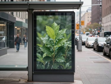 Environmental wide shot of a large transit shelter poster in a downtown urban setting, the ad panel sharp and fully visible under overcast daylight, city street and parked vehicles receding to the right, clean studio-quality print execution visible on the board face
