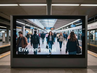 Wide environmental — a digital display screen mounted in a transit concourse showing a live campaign placement, natural commuter environment, overhead station lighting, platform architecture in background
