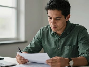 Mexican individual reviewing personal finance documents with a pen, soft office lighting, serious and focused expression.