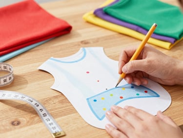 A close-up of hands drawing a custom clothing pattern for a dog on a wooden table, measuring tape and colorful fabrics nearby, bright editorial style.