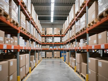 Straight-on eye-level photograph of organized warehouse shelves with clean, labeled boxes under bright overhead warehouse lighting, 35mm lens, sharp focus.