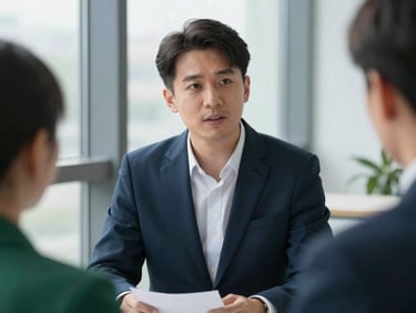 Medium close-up of a professional conducting a structured interview, active communication, sharp shadows, corporate daylight