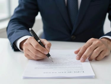Close-up of hands holding an executive pen over a signed contract, clean desk setup, high contrast, sharp editorial corporate photography