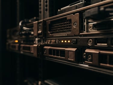 Extreme macro close-up of a high-end physical server node, dark bronze chassis, subtle amber indicator lights, low-key dramatic architectural lighting, 35mm.