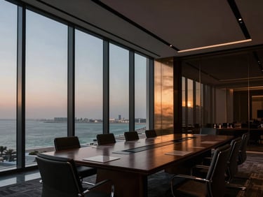 Wide architectural angle of a modern corporate boardroom in Manama, floor-to-ceiling glass overlooking the Arabian Gulf at dusk, low-key dramatic lighting, bronze reflections.