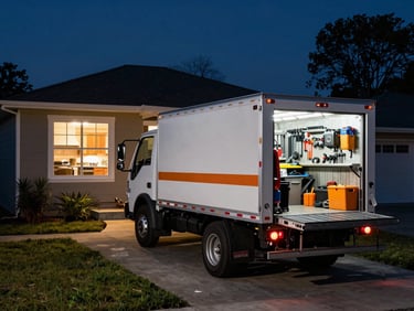 Night-time exterior of a residential home with a work truck parked in the driveway, interior kitchen light glowing through the window, tools visible in the open truck bed
