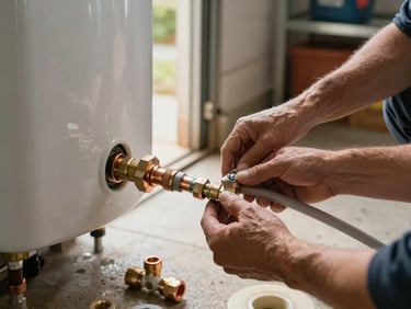 Plumber's hands connecting a supply line to a new tank water heater in a garage, warm daylight from the open garage door, copper fittings and pipe tape visible on the floor
