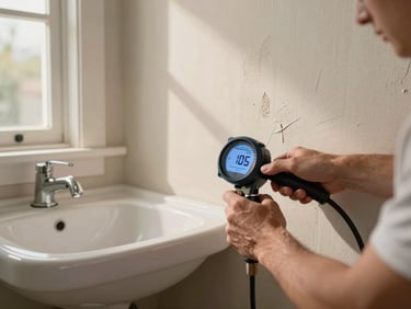 Plumber's hands pressing a moisture meter against drywall under a bathroom sink, warm daylight from a window to the left, pipe visible in the cabinet below