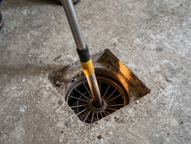 Overhead shot of a clogged residential drain being cleared with a drain snake, warm task lighting, concrete floor of a utility room visible