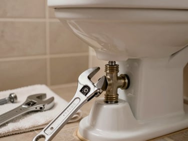Close-up of a plumber's wrench adjusting a toilet fill valve, warm residential bathroom lighting, white porcelain in frame, tools laid on a towel beside the base