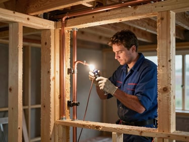 Wide shot inside an open wall cavity showing copper supply pipes being soldered by a plumber, warm task light clipped to a stud, residential framing visible around the work