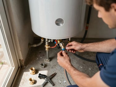 Overhead shot of a residential water heater installation in a garage utility closet, a plumber's hands connecting supply lines, warm natural light from an open door, pipe fittings and tools on the concrete floor
