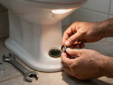 Close-up of a plumber's hands replacing the wax ring on a residential toilet, bathroom tile floor visible, task lighting from above, wrench and replacement parts beside the base