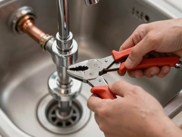 Close-up of a plumber's hands using channel-lock pliers on a chrome drain trap under a kitchen sink, warm task lighting, copper pipe visible in background