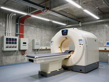 Wide shot of a hospital CT room under construction, electrical conduit runs and power distribution panels being installed along concrete walls, tungsten work lights illuminating the infrastructure complexity, no workers posing — active installation work