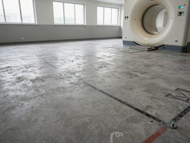 Concrete floor of a CT room being leveled and prepared, structural anchor bolts and floor markings for gantry footprint visible, wide framing showing full room scope under institutional daylight from high windows