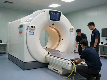 Siemens SOMATOM CT gantry positioned inside an imaging room during installation, engineering technicians working at the base connecting interface cables and power feeds, tungsten work lights, wide shot showing full gantry scale against the room