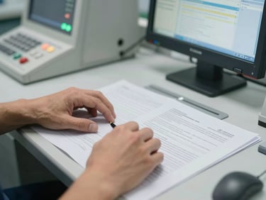 Close-up of an engineer's hands at a CT control workstation, technical documentation visible on the desk surface under institutional fluorescent lighting, engineering precision implied through the interface and workspace detail, no faces shown