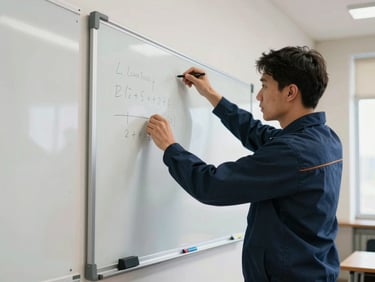 A ClassTech technician in a professional uniform mounting a smart board on a clean classroom wall, bright natural daylight, hands-on installation.