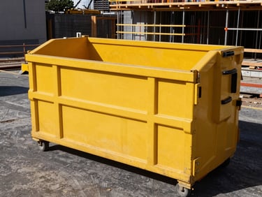 Bright yellow 20-yard roll-off dumpster, empty, on a construction site in San Francisco, hard daylight.
