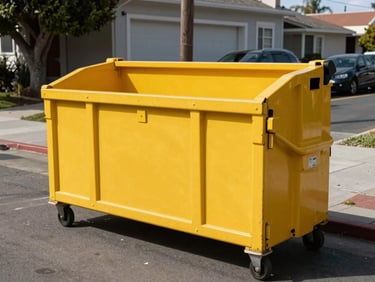 Bright yellow 10-yard roll-off dumpster, empty, on a residential San Francisco street, hard daylight.