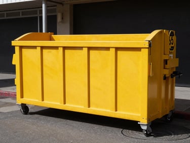 Bright yellow 15-yard roll-off dumpster, empty, on a commercial San Francisco street, hard daylight.