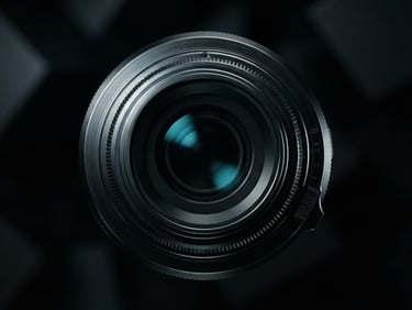 High-fidelity digital render of a sleek metallic camera lens housing, dramatic studio lighting, high contrast, deep moody tones with electric cyan accents, sharp focus, 8k