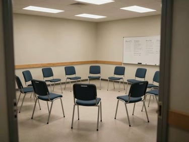 Wide environmental shot of an empty group therapy room from the doorway — institutional chairs arranged in a circle on a plain floor, soft overhead lighting, bare walls, a whiteboard with handwritten session notes partially visible in the background, no people present — quiet clinical presence