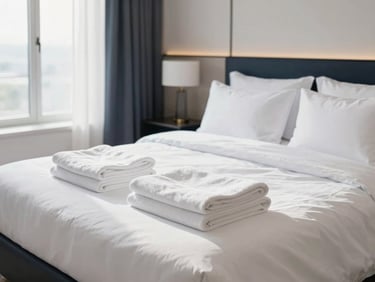 Bright architectural interior of a luxury bedroom with crisp white linens, perfectly folded towels on the bed, natural light, high-end hotel aesthetic.