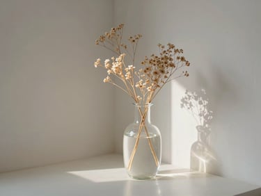 Quiet studio corner with a translucent glass vase catching soft light refraction, delicate dried botanicals, minimalist serene aesthetic