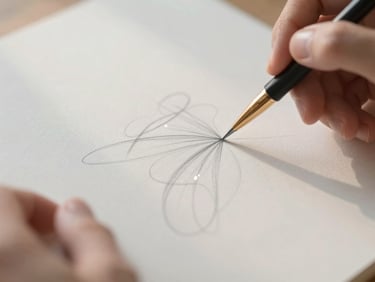 Close-up of hands sketching delicate organic curves on fine textured paper, soft-focus, shallow depth of field, natural morning light