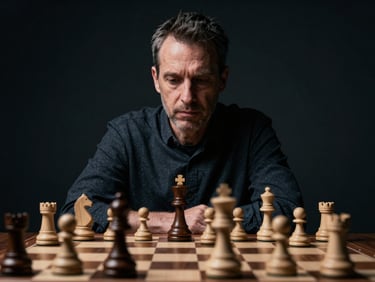 Quiet, focused portrait of a chess coach, dramatic side-lighting, calm demeanor