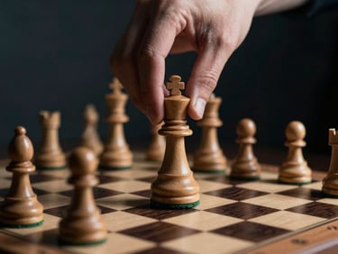 Close-up of a hand moving a wooden rook on a physical chess board, dramatic side-lighting, deep slate and warm wood tones