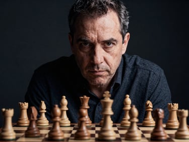 Quiet, focused portrait of a chess coach, dramatic side-lighting, intense gaze