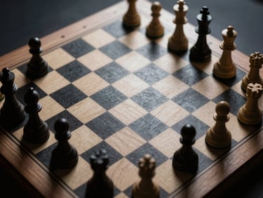 Overhead view of a digital chess board diagram highlighting structural weaknesses, high contrast, dramatic side-lighting