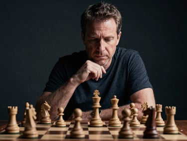 Quiet, focused portrait of a chess coach, dramatic side-lighting, thoughtful expression