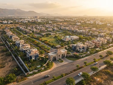 High-angle drone photography of a perfectly planned gated community in Coimbatore, warm golden-hour sunlight highlighting clean paved roads and surveyed plots, 35mm