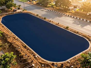 High-angle environmental shot of a premium commercial land parcel in Coimbatore, bordering a clean arterial road, warm morning sunlight, sharp focus, 35mm