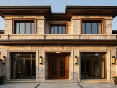 Wide-angle architectural shot of a modern luxury villa facade with warm granite and teak accents under golden-hour lighting.