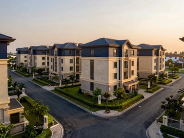 Wide-angle architectural shot of a premium gated community residential plot in Coimbatore, manicured green borders, blacktop roads, warm sunset light, sharp focus, 35mm