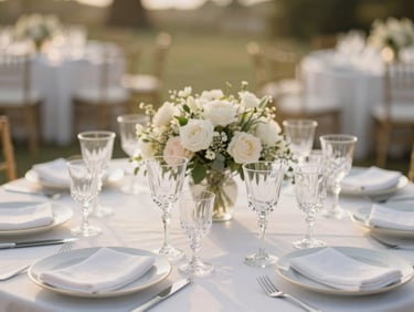 Immaculate wedding table setting with crystal glassware and floral centerpieces, soft golden hour lighting, shallow depth of field.