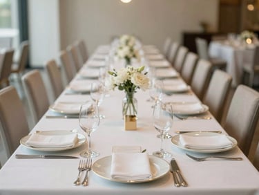 Immaculate table setting for a corporate gala in a modern event space, soft lighting, shallow depth of field, 35mm.